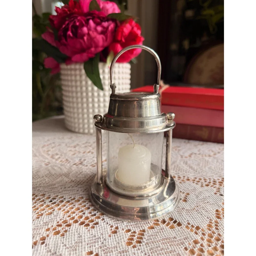 Vintage Lunt Silverplate Lantern Candle Holder Glass Hurricane Miniature Table L